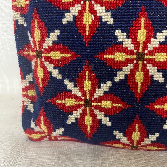 Vintage Navy Blue Red Geometric Petit Point Cushion Pillow Foam Insert Handmade - Picture 7 of 10